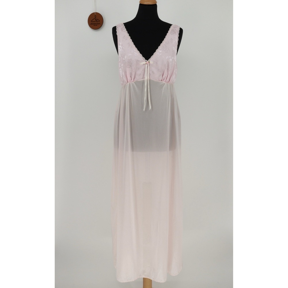Vintage Tosca Lingerie Pink V-Neck Long Ribbon Bow‎ Sheer Nightgown Size Medium